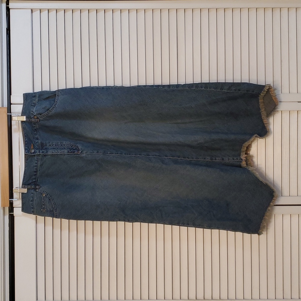 Cato Denim Maxi Skirt With Assymetrical Distressed Fringe Hem, Size 14
